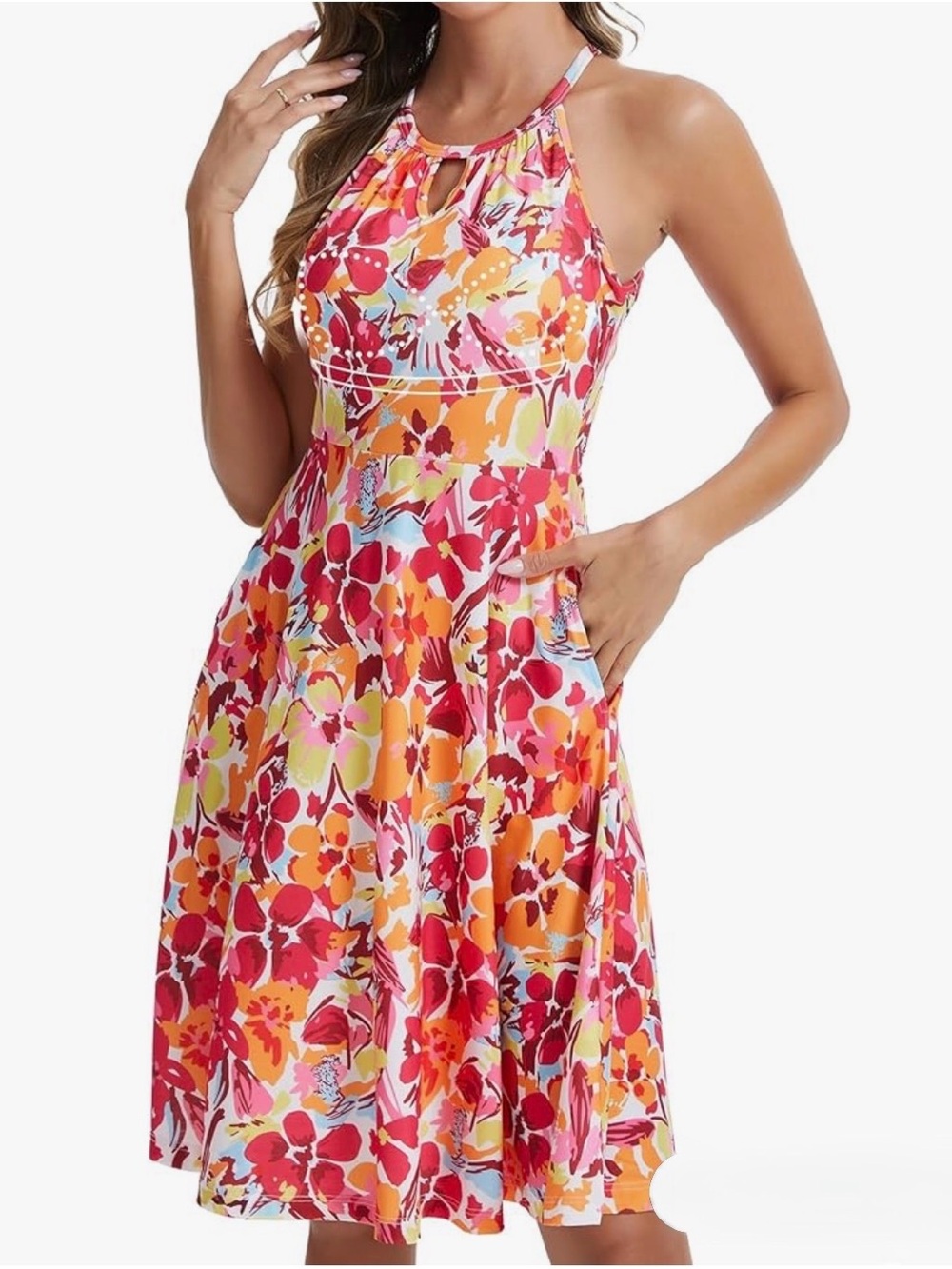 Vibrant Floral Halter Sundress - Pink & Orange, Built-in Bra, M
